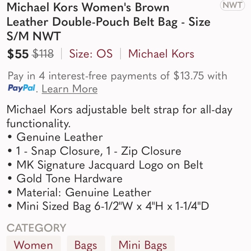 NWT Michael Kors Womens Brown Leather Double Pounch bag on belt. - Picture 4 of 10